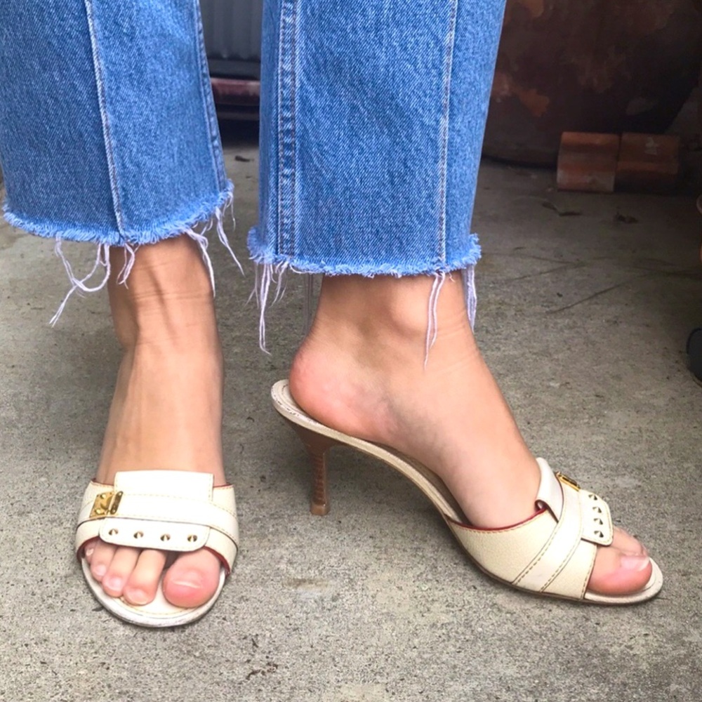 Vintage Louis Vuitton White Heels with Gold Studs and unique Hardware